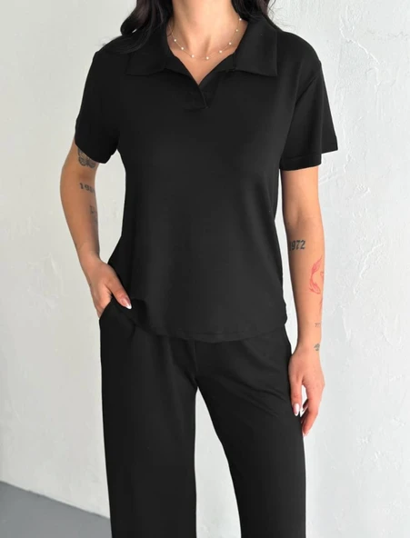 Osy Modal Yumuşak Dokulu Kumaş Kısa Kollu Yakalı T-shirt Pantalon Ikili Takım- Siyah ürün görseli 1
