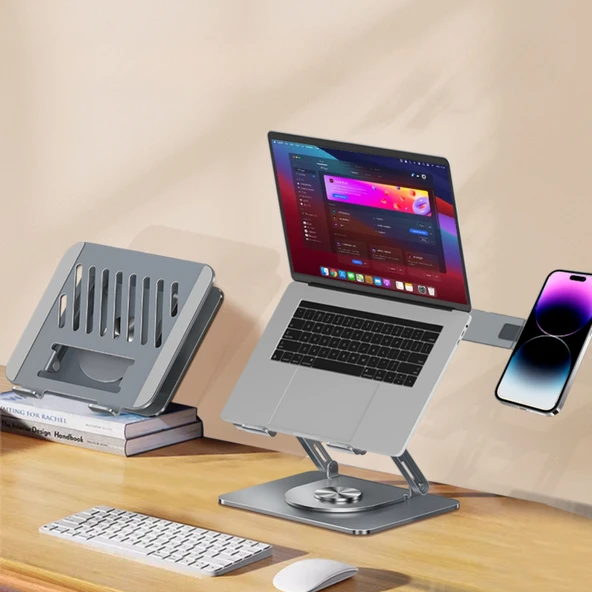 Laptop Stand Karbon Çelik 360° Döner Ergonomik Yükseklik Ayarlı Soğutucu MagSafe Telefon Tutuculu Gizlenebilir - Resim 4