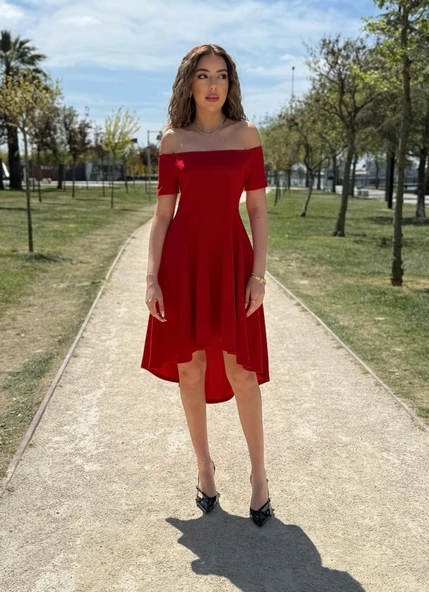 Kadın Kısa Kollu Madonna Yaka önü Kısa Arkası Uzun Ithal Krep Elbise - Resim 2