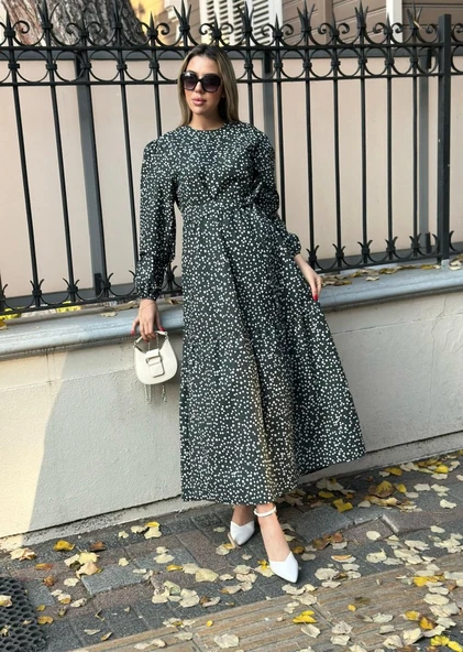 Kadın Uzun Kollu Bisiklet Yaka Papatya Desen Kuşak Dahil Maxi Boy Elbise - Resim 4