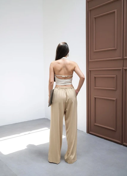 Beli̇ Lasti̇k Ve Bağcikli Geni̇ş Paça Pantolon - Resim 2