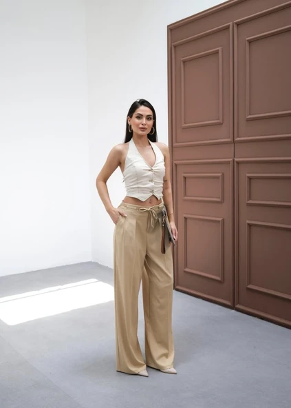 Beli̇ Lasti̇k Ve Bağcikli Geni̇ş Paça Pantolon - Resim 3