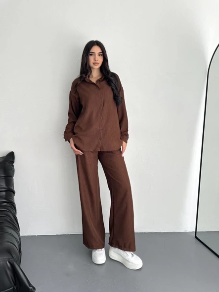 Gömlek Pantolon Ikili Takım - Kahverengi