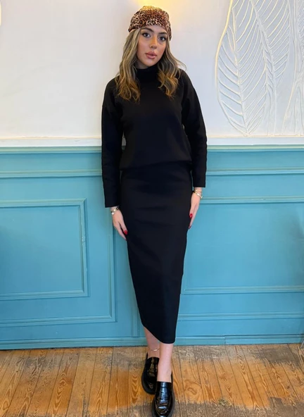 Kadın Uzun Kollu Balıkçı Yaka şardonlu Bluz Etek Takım - Resim 4