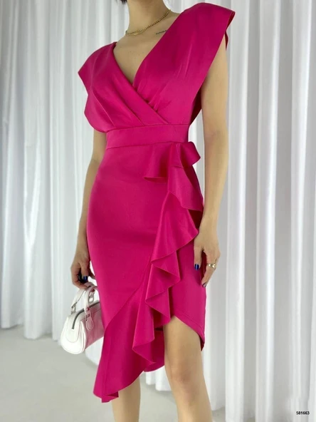 Scuba Kumaş Önü Fırfırlı Midi Boy Elbise ürün görseli 1