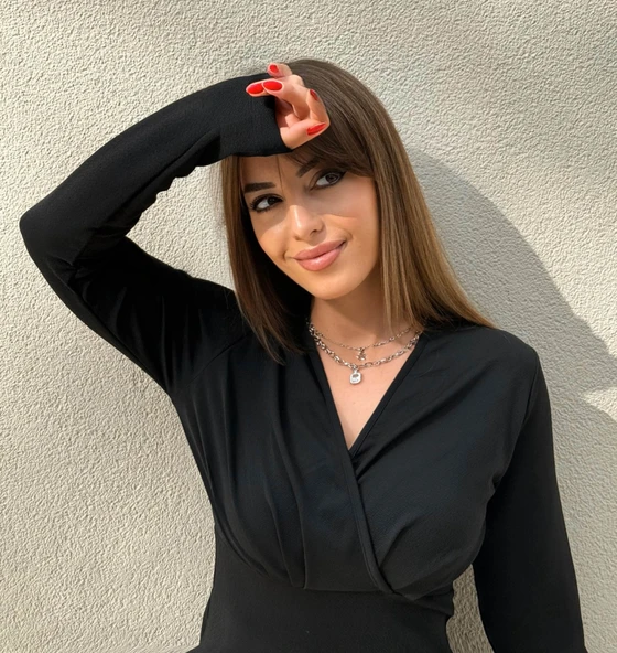 Kadın Uzun Kollu Kruvaze Yaka Krep Mini Boy Elbise - Resim 7