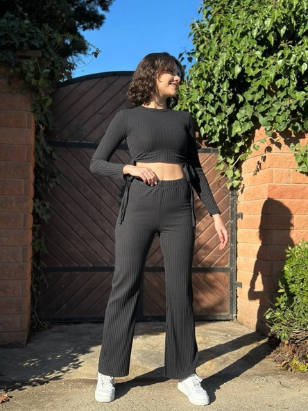 Kadın Yandan Bağlamalı Geniş Paçalı Fitil Kaşkorse İkili Takım - Resim 11