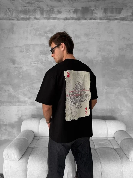 Ön Ve Arka Baskılı Oversize Bisiklet Yaka T-shirt - Siyah - Resim 2