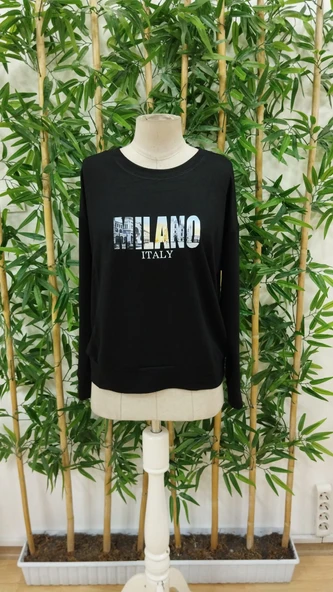 Kadın Uzun Kollu Bisiklet Yaka Desenli Viskon Iki Iplik Bluz - Resim 4