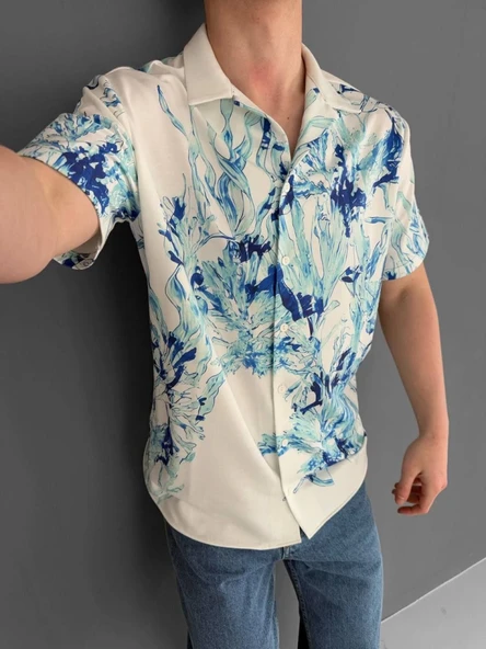 İki İplik Kumaş Baskılı Gömlek - Beyaz ürün görseli 1