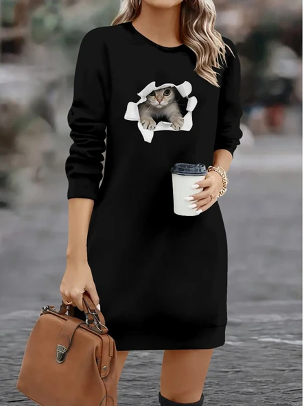 Kadın Uzun Kollu Bisiklet Yaka Kısa Viskon Iki Iplik Elbise - Resim 3