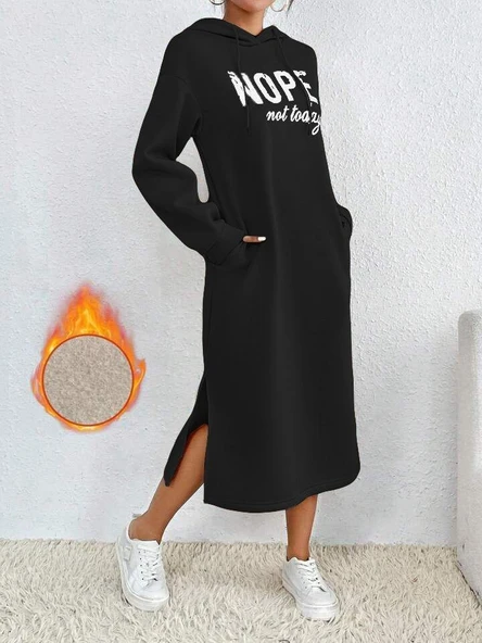 Kadın Uzun Kollu Nope Yazılı Kapüşonlu Yırmaç Detay Midi Boy Elbise ürün görseli 1