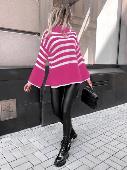 Kadın Uzun Kollu Balıkçı Yaka İspanyol Kol Triko Bluz - Resim 5