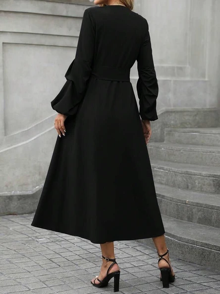 Kadın Uzun Kollu Derin V Yakalı Belden Kuşaklı önden Düğmeli Janjan Krep Elbise - Resim 4