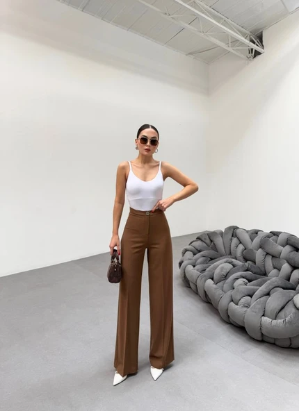 230 Gr Poly Viscose Lycra Metal Düğme Palazzo Pantolon ürün görseli 1