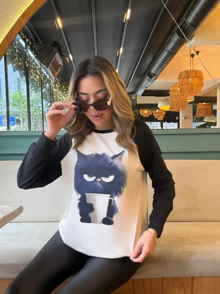 Kadın Uzun Kollu Bisiklet Yaka Kedi Baskılı şardonlu Dalgıç Bluz - Resim 2