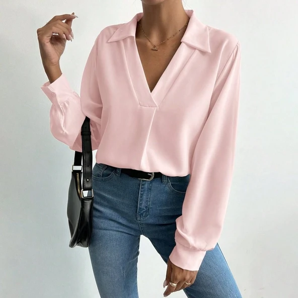 Kadın V Yaka Uzun Kollu Mosskrep Kumaş Bluz ürün görseli 1