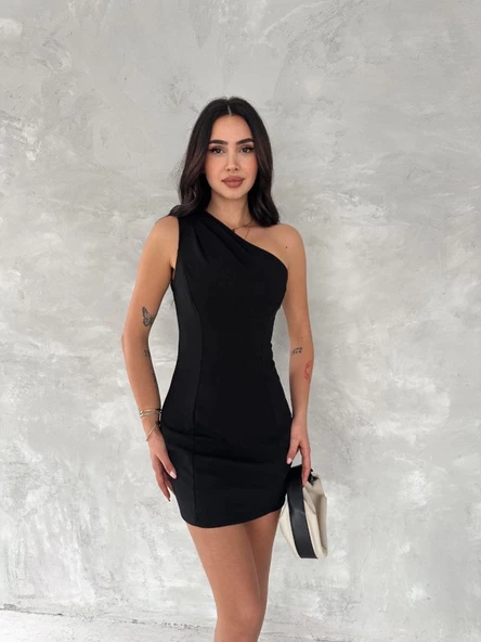 Tek Omuzlu Kolsuz Mini Boy Elbise - Siyah - Resim 2
