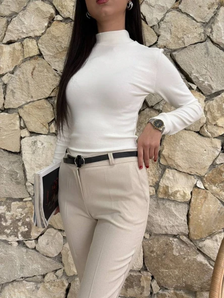 Kadın Yüksek Bel Dar Paça Kemer Dahil Kumaş Pantolon - Resim 7