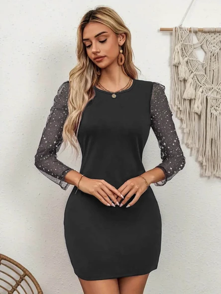 Kadın Bisiklet Yaka Kol Tül Detay Dalgıç Mini Boy Elbise - Resim 3