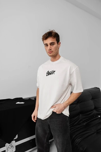 Erkek Baskılı Oversize T-shirt - Beyaz - Resim 4