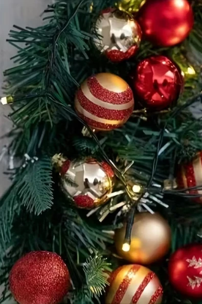 50 Adet 40mm Kırmızı Altın Beyaz Noel Ağacı Süs Topları Seti | 9 Farklı Desen & Hafif Dayanıklı Yılbaşı Dekoru - Resim 2