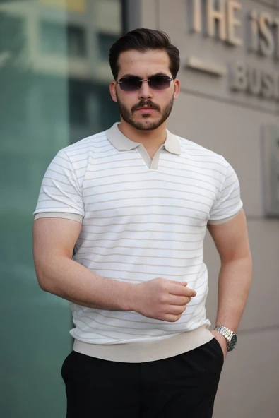 Erkek Kısa Kollu çizgi Desenli örme Kumaş Tshirt - Resim 2