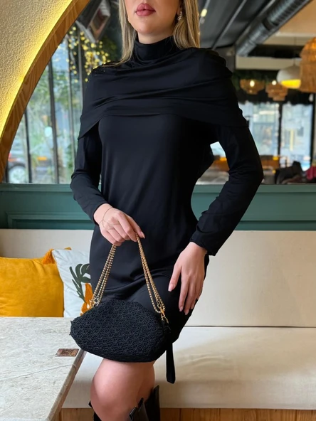 Kadın Uzun Kollu Balıkçı Yaka Omuz Katlamalı Dalgıç Kısa Elbise - Resim 3