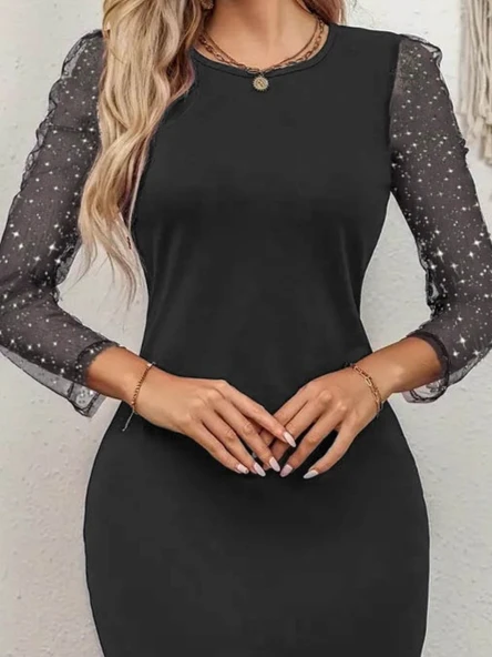 Kadın Bisiklet Yaka Kol Tül Detay Dalgıç Mini Boy Elbise - Resim 2