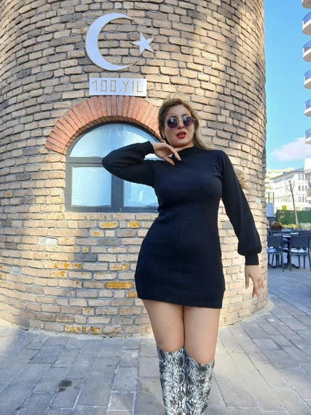 Kadın Uzun Kollu Balıkçı Yaka şardonlu Kaşkorse Elbise - Resim 2