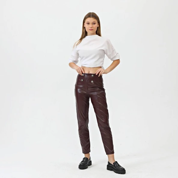 Düğmeli̇ Yan Fermuarli Deri̇ Pantolon ürün görseli 1