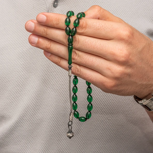 Gümüş Yeşil Kazaz Püsküllü Sıkma Kehribar Tesbih - 2