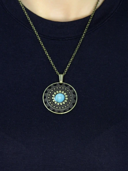 Doğal Taş Firuze Doğal Taşlı Yuvarlak Model Antik Kadın Kolye euk46f - Resim 3
