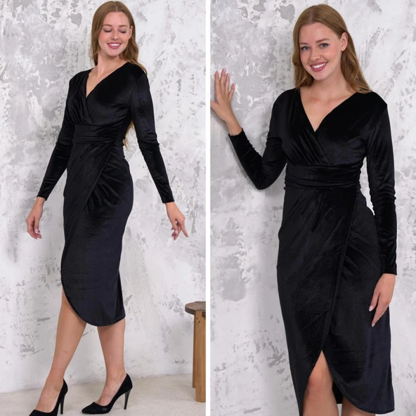 Kadın Kadife Kumaş V Yaka Uzun Kollu Midi Boy Elbise ürün görseli 1