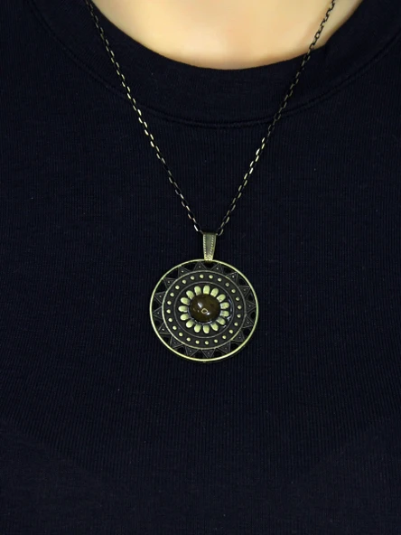 Doğal Taş Sitrin Doğal Taşlı Yuvarlak Model Antik Kadın Kolye euk46s - Resim 3