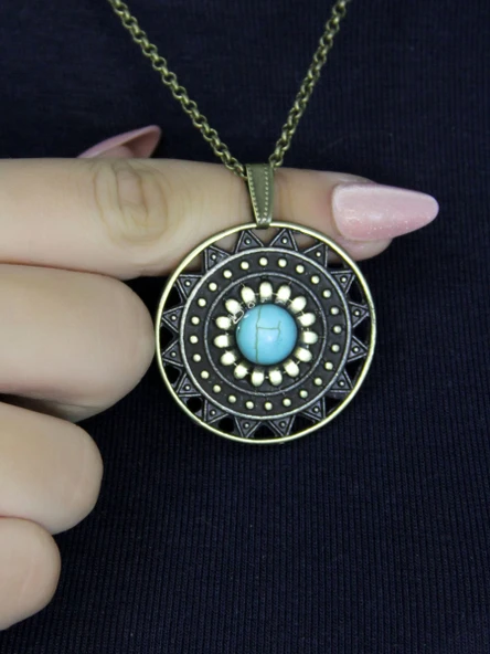 Doğal Taş Firuze Doğal Taşlı Yuvarlak Model Antik Kadın Kolye euk46f ürün görseli