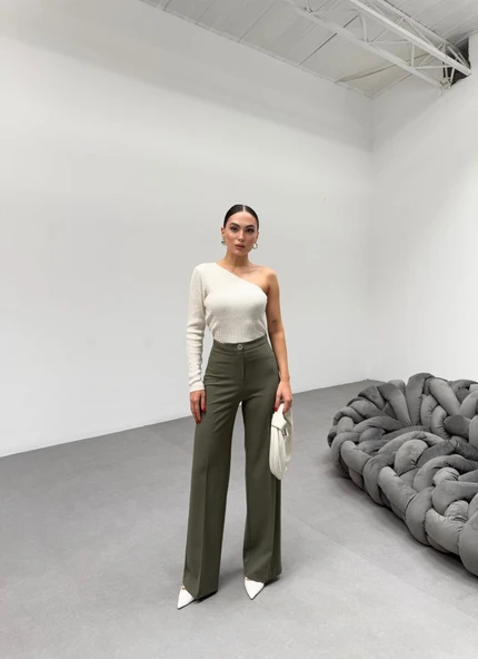 230 Gr Poly Viscose Lycra Metal Düğme Palazzo Pantolon - Resim 4