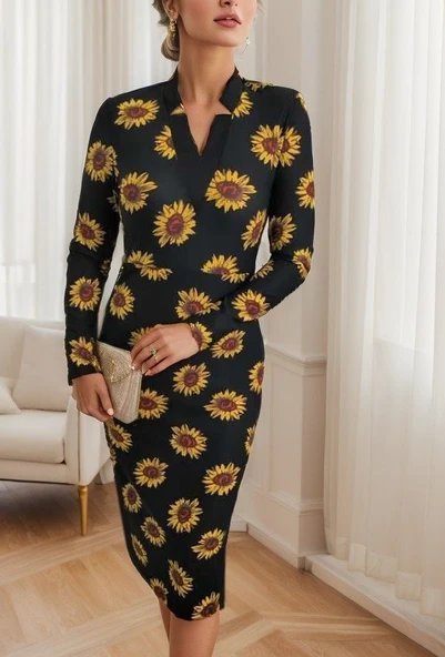 Kadın Uzun Kollu V Yaka Puantiyeli Krep Midi Boy Elbise - Resim 6