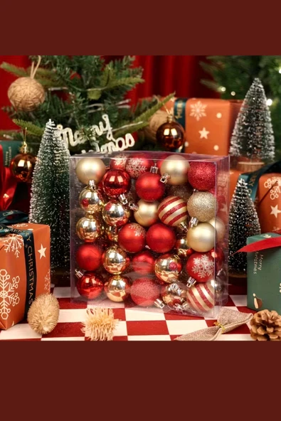 50 Adet 40mm Kırmızı Altın Beyaz Noel Ağacı Süs Topları Seti | 9 Farklı Desen & Hafif Dayanıklı Yılbaşı Dekoru - Resim 6