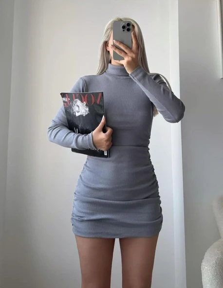 Kadın Uzun Kollu Balıkçı Yaka Büzgü Detay Kaşkorse Kumaş Mini Elbise ürün görseli 1