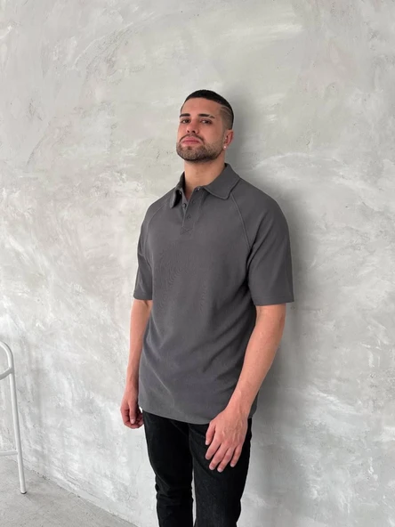 Yakalı Patlı Kısa Kol T-shirt - Antrasit - Resim 4