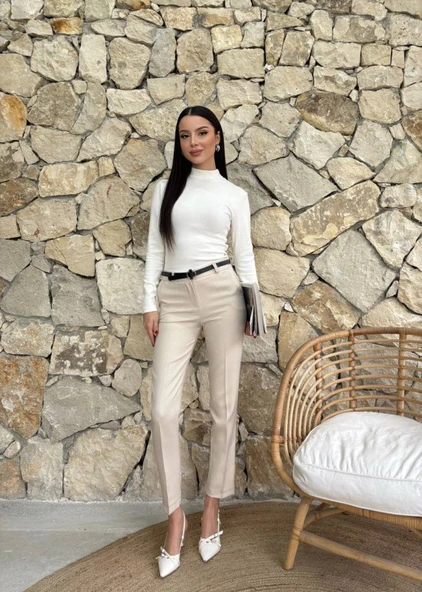 Kadın Yüksek Bel Dar Paça Kemer Dahil Kumaş Pantolon - Resim 2