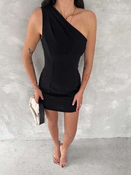 Tek Omuzlu Kolsuz Mini Boy Elbise - Siyah - Resim 4