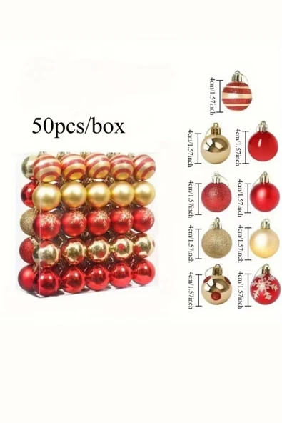 50 Adet 40mm Kırmızı Altın Beyaz Noel Ağacı Süs Topları Seti | 9 Farklı Desen & Hafif Dayanıklı Yılbaşı Dekoru - Resim 8