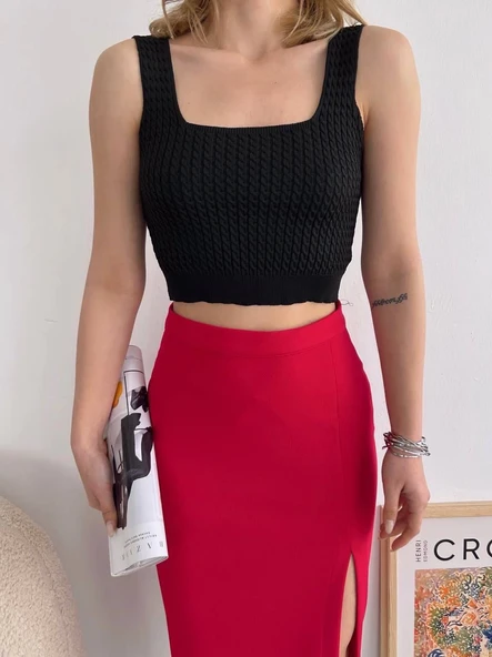 Yırtmaçlı esnek kumaş midi boy etek koyu kırmızı - Resim 4