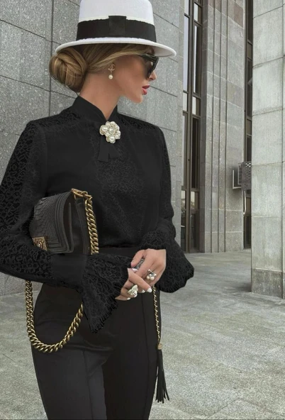 Kadın Uzun Kollu Hakim Yaka Ithal Dantel Detay Gömlek - Resim 2