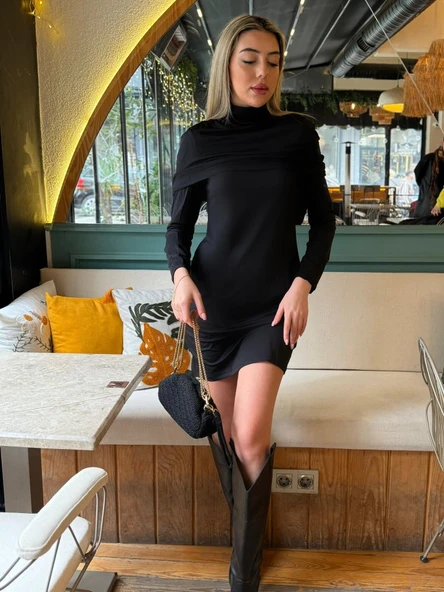 Kadın Uzun Kollu Balıkçı Yaka Omuz Katlamalı Dalgıç Kısa Elbise - Resim 2