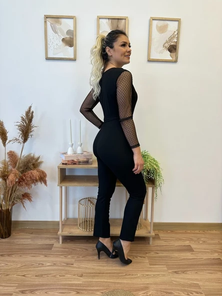 Krep Kumaş Kol Tül Puan Detaylı Kuşaklı Tulum 141 Cm - Resim 3