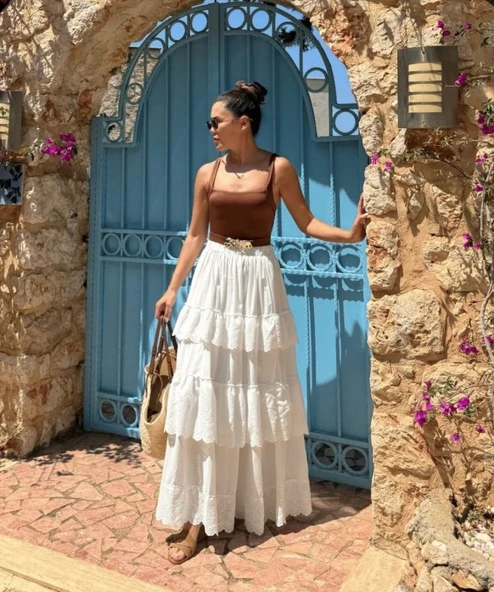 Katlı Pileli Etek - Ekru - Resim 2