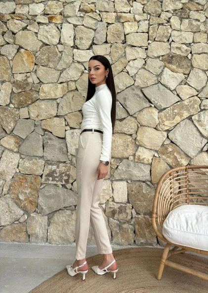 Kadın Yüksek Bel Dar Paça Kemer Dahil Kumaş Pantolon - Resim 3